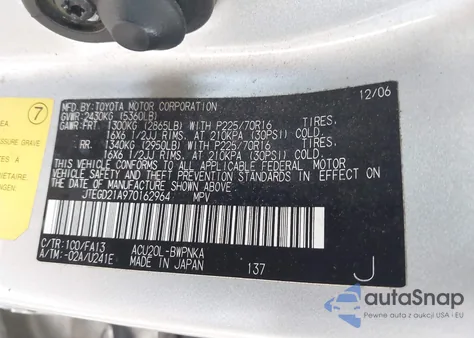 2007 Toyota Highlander z USA, uszkodzony, nr VIN JTEGD21A970162964